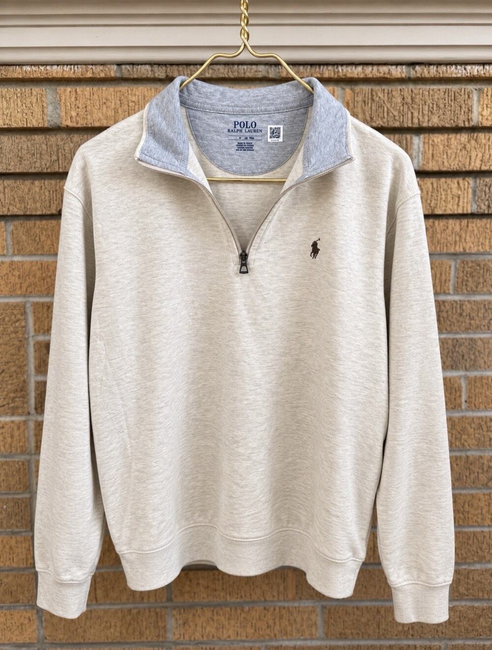 Polo Ralph Lauren Mens M Luxury Jersey Quarter Zip Pullover Cream Pony Preppy